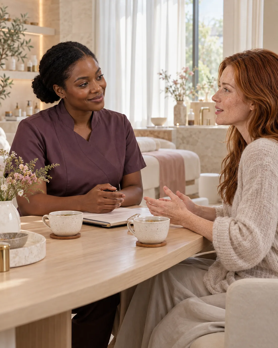 Une esthéticienne échange avec une cliente autour d’une tasse de thé avant le soin