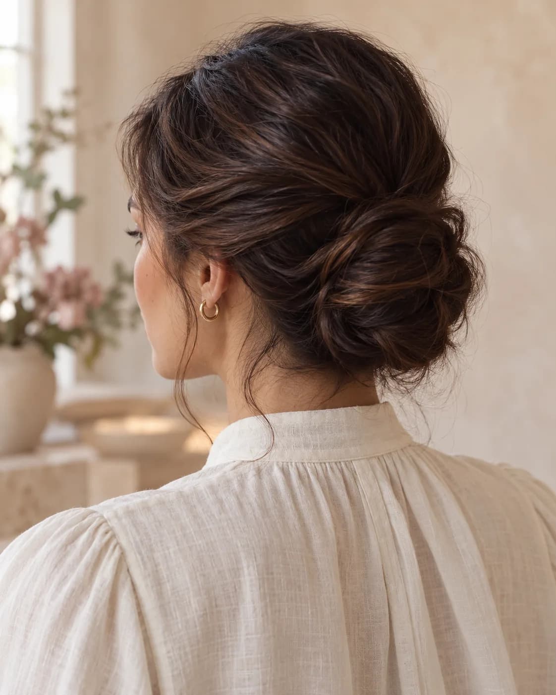 Chignon souple vu de dos, mèches légères sur la nuque