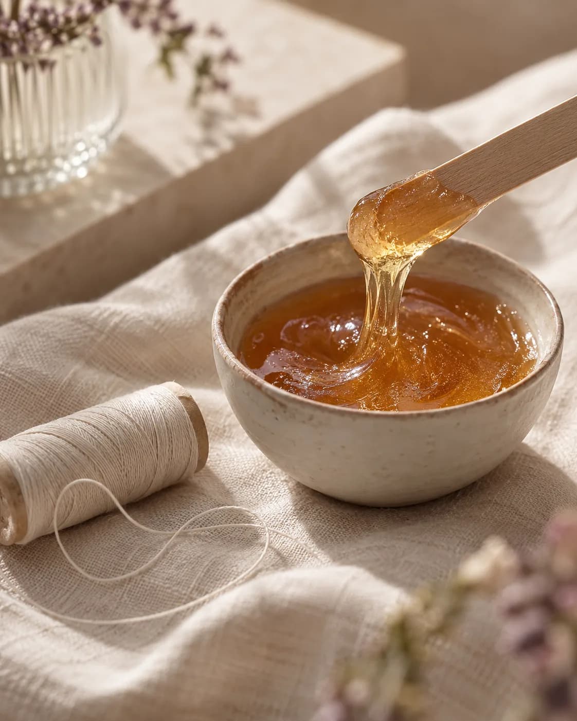 Pâte de sucre ambrée dans un bol de céramique, fil de coton et spatule en bois