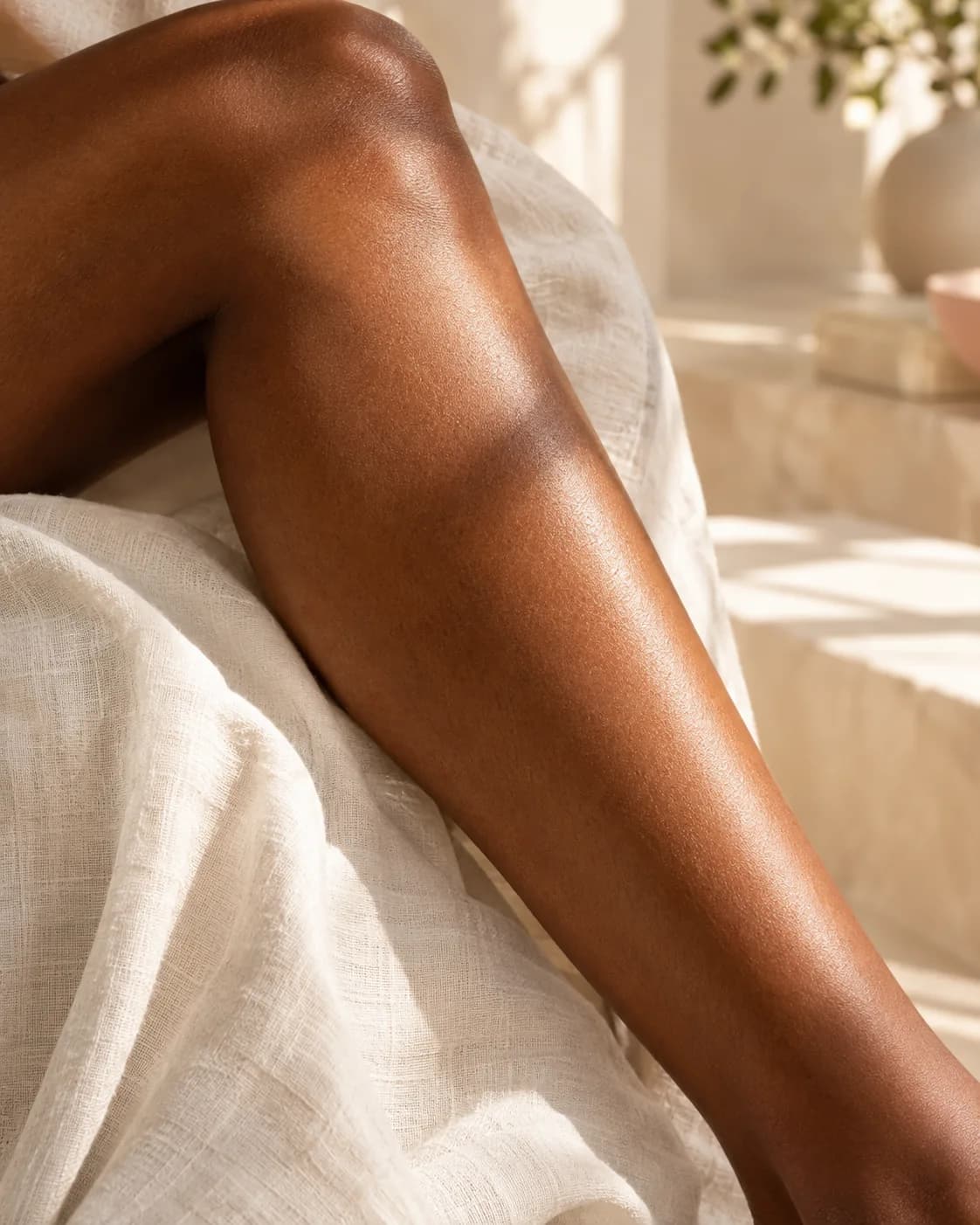 Jambe lisse d'une femme allongée sur un drap ivoire, dans une lumière douce