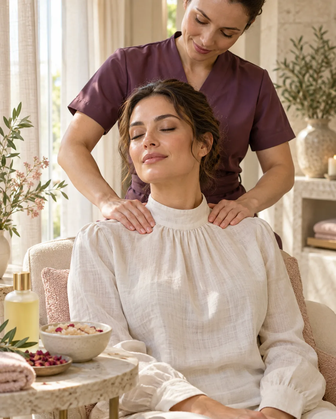 Massage des épaules d’une cliente détendue, vêtue de lin ivoire