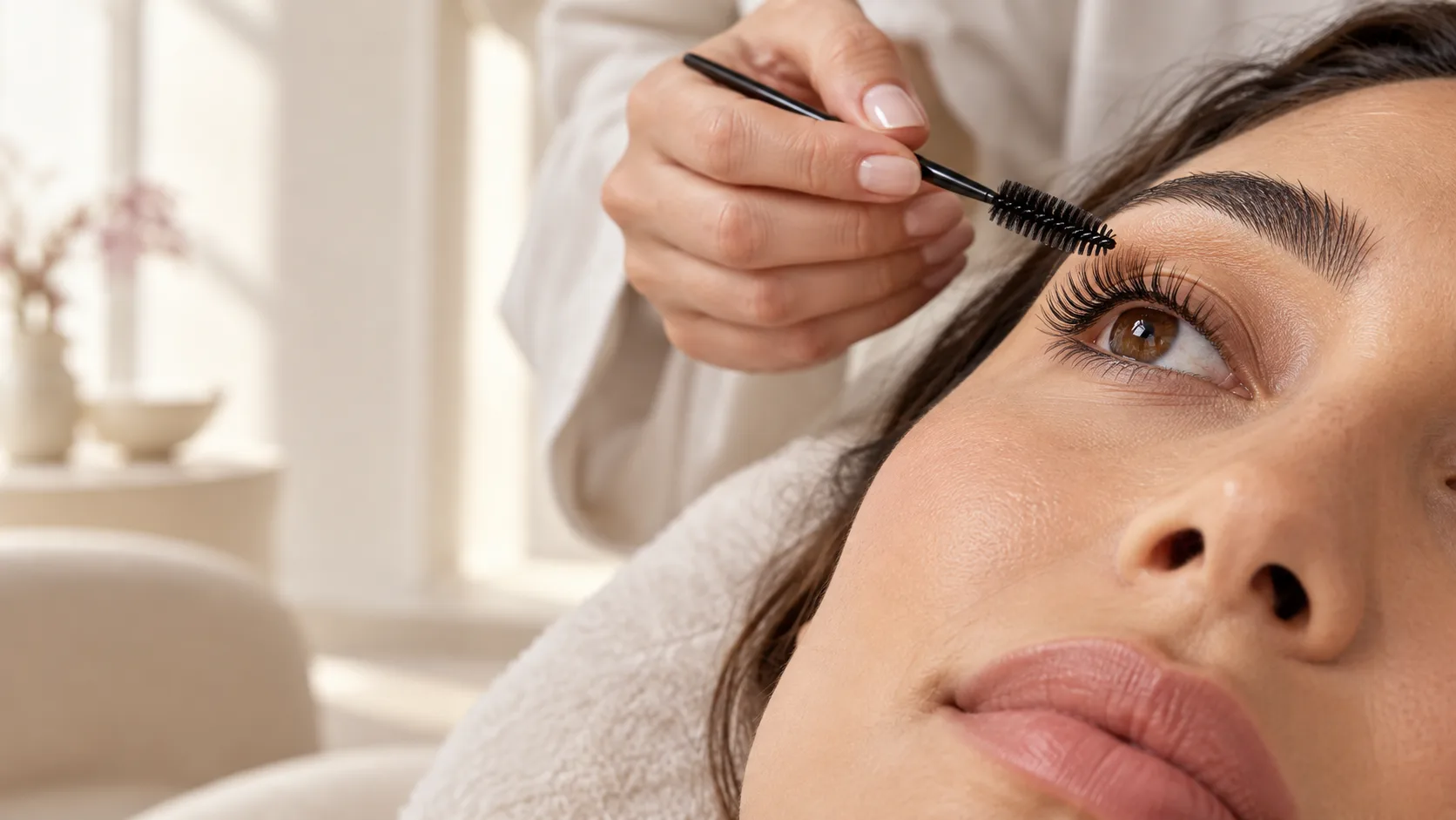 Brossage des cils d’une cliente allongée après un rehaussement