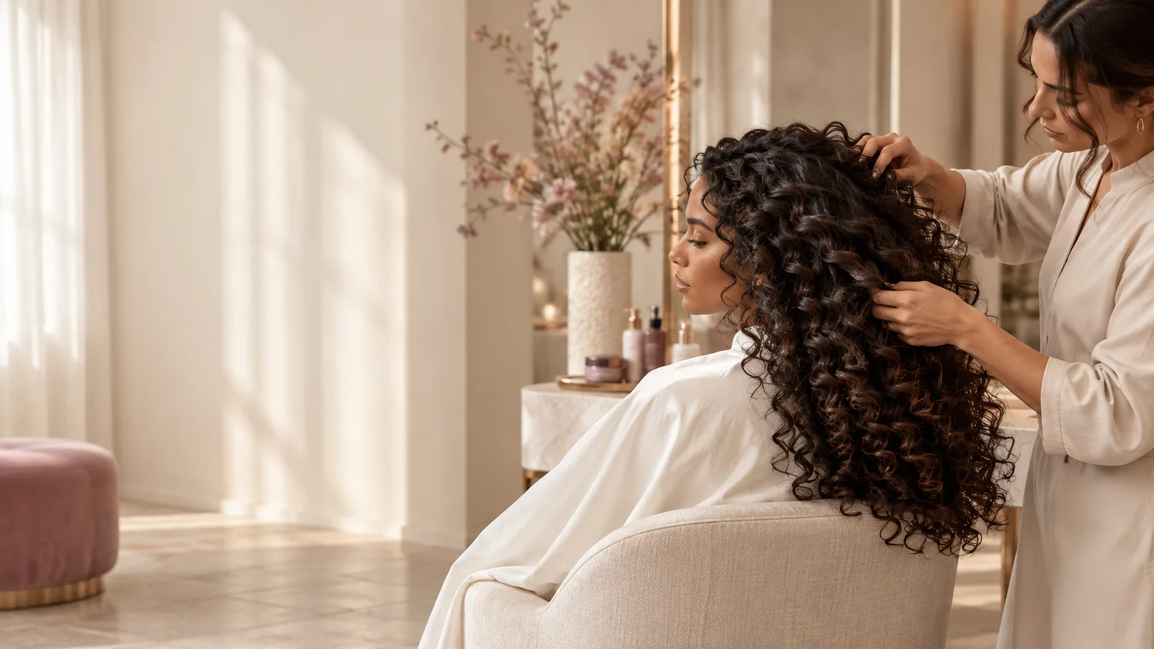 Une coiffeuse met en forme les longues boucles d’une cliente assise
