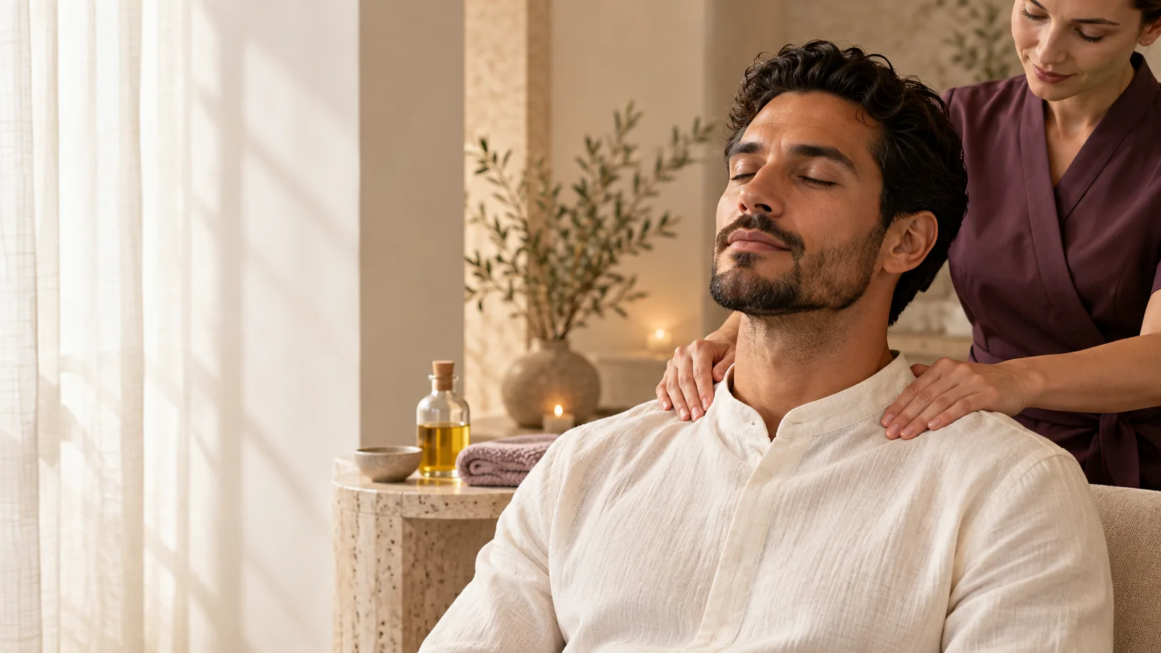 Homme détendu, yeux clos, recevant un massage des épaules