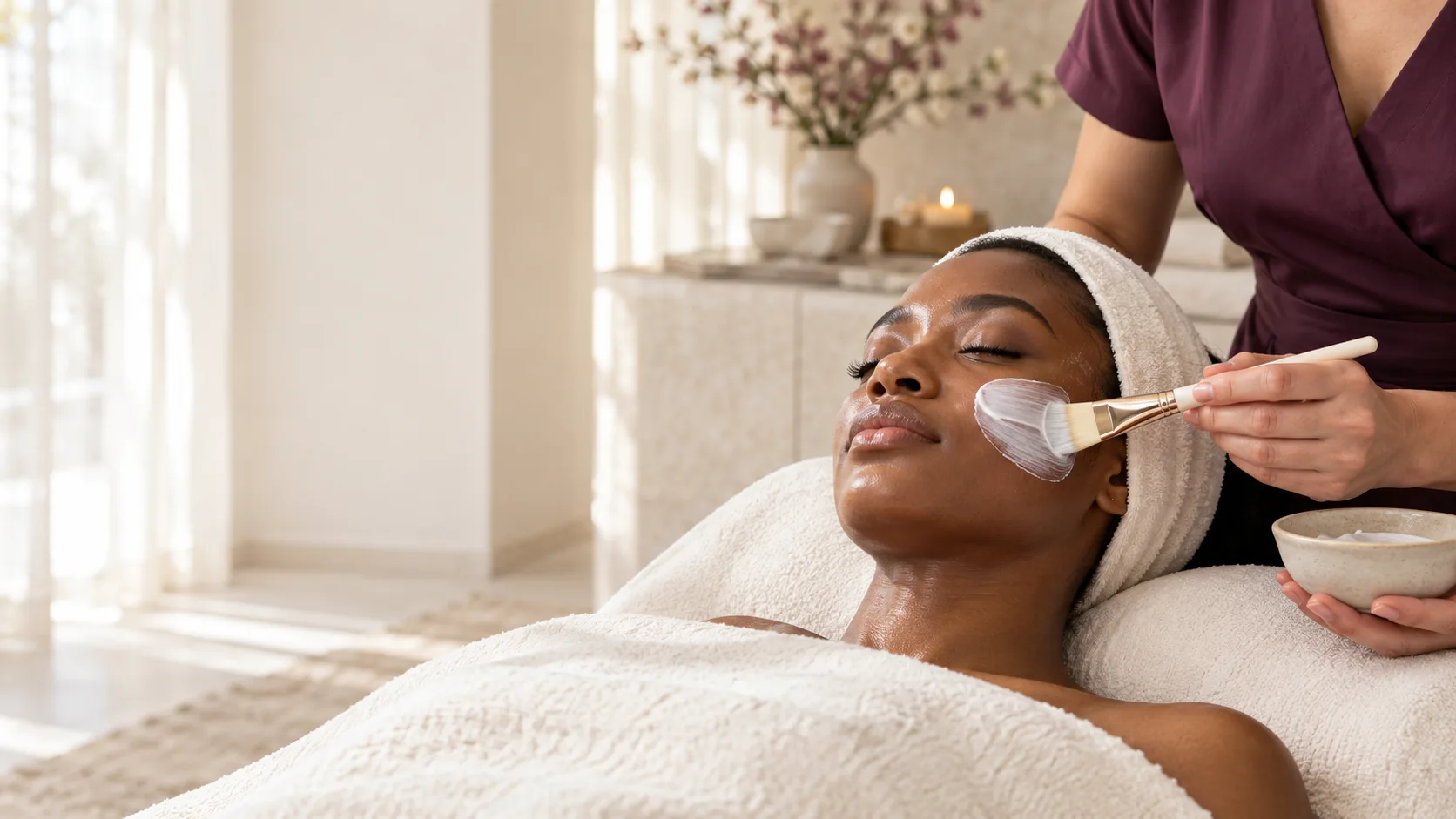 Masque appliqué au pinceau sur le visage d’une cliente détendue, allongée sous une couverture ivoire
