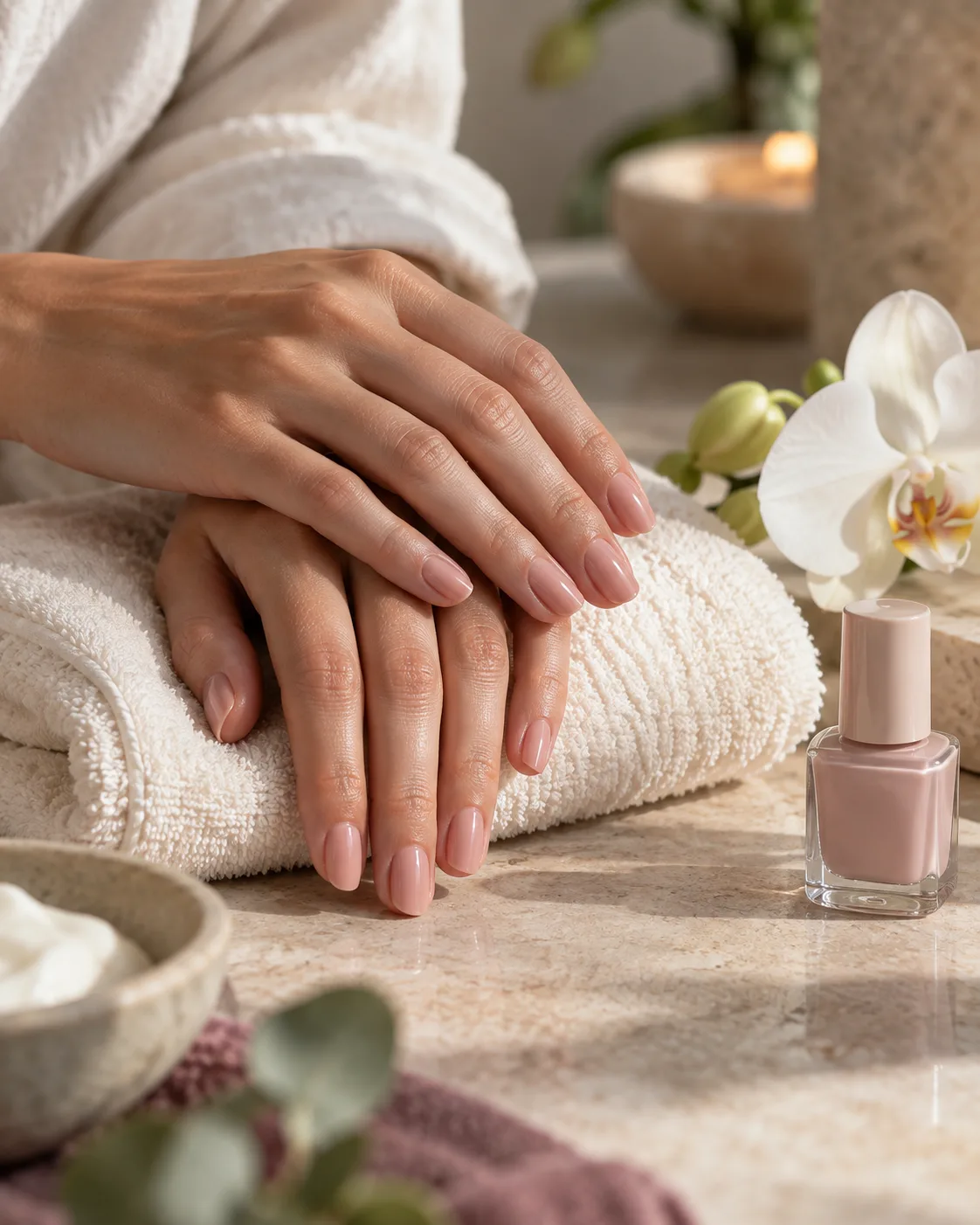 Mains aux ongles nude posées sur une serviette, à côté d'un flacon de vernis