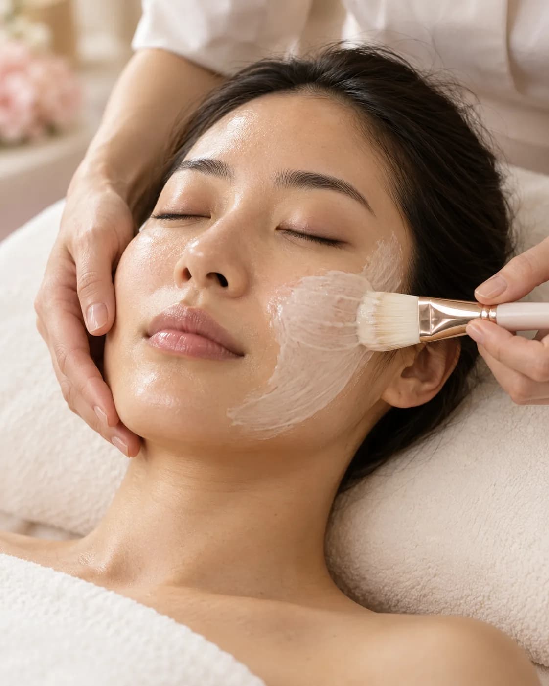 Application au pinceau d’un masque crème sur le visage d’une cliente allongée